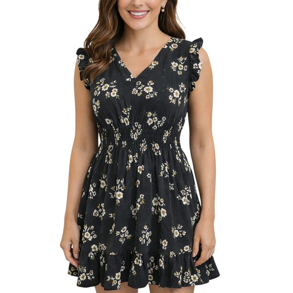 Women's Small Summer Dress by Rebecca Taylor Black Floral Ruffle Sleeve